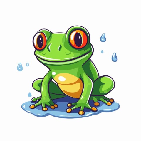 Cute cartoon green frog sitting on the ground. vector illustrati