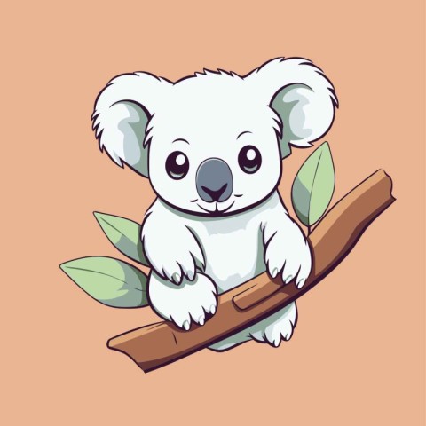 Cute koala on a branch with leaves. Vector illustration.