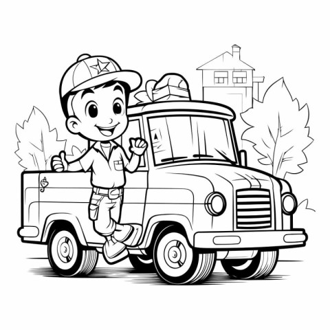 Fireman on the Truck - Black and White Cartoon Illustration. Vec