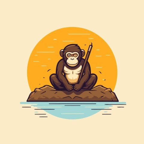 Monkey sitting on the rock. Vector illustration in flat style.