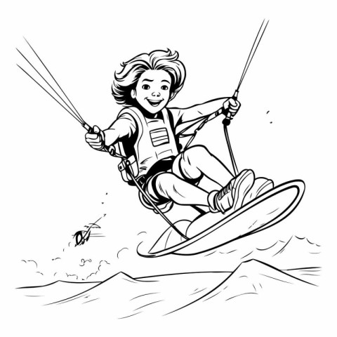 Kiteboarder on the water. Black and white vector illustration.