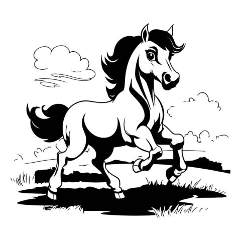 Black and white vector illustration of a horse galloping in the