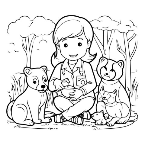 Girl and animals in the park. Coloring book for children.