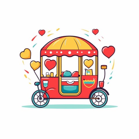 Cute cartoon fast food cart with hearts on wheels. Vector illust