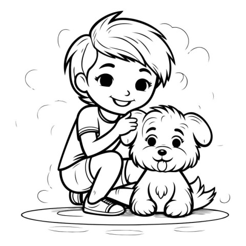 Black and White Cartoon Illustration of Kid Playing with a Dog o