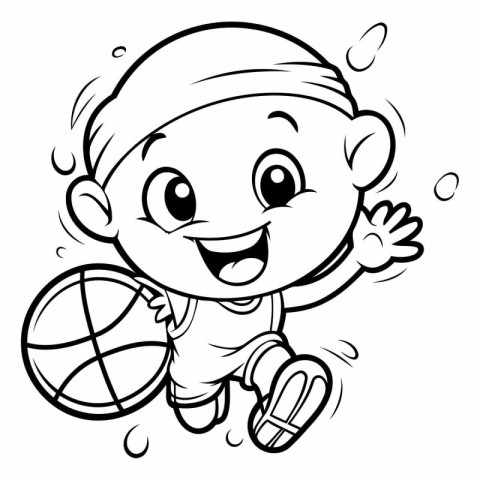 Black and White Cartoon Illustration of a Kid Boy Playing Basket