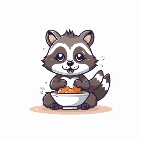 Cute raccoon with bowl of tangerines. Vector illustration.