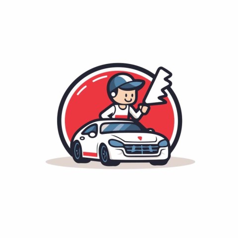 Cartoon car mechanic holding a paint roller. Vector illustration