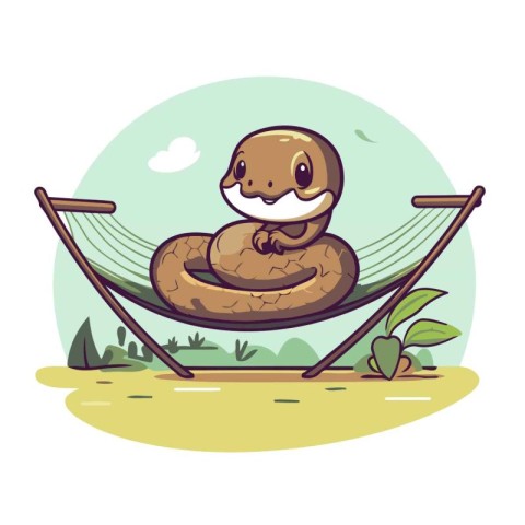 Cute cartoon snake in hammock. Vector illustration isolated on w