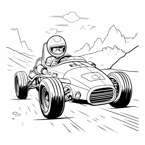 illustration of a man driving a vintage race car on the road