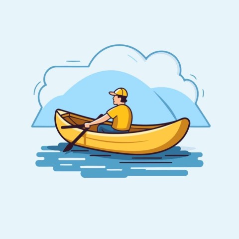 Man in a kayak on the lake. Flat style vector illustration.