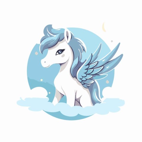 Cute cartoon pony with wings and clouds isolated on white backgr