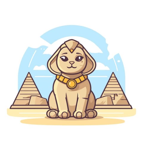 Cute cartoon dog sitting on the background of pyramids. Vector i