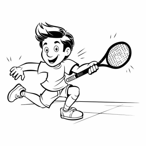 Boy playing tennis. Black and white vector illustration of a boy