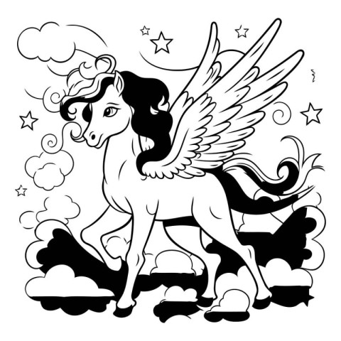 Unicorn in the clouds. Black and white illustration for coloring