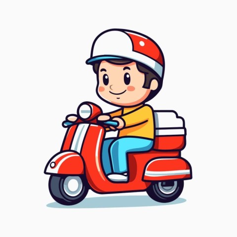 Cute little boy riding a scooter. vector cartoon illustration.