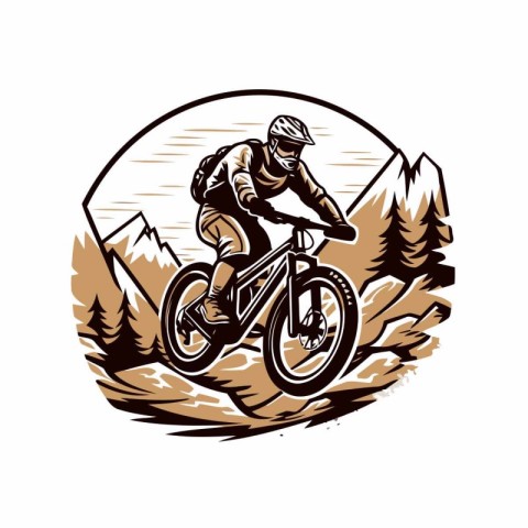 Mountain biker riding through the mountains. Vector illustration