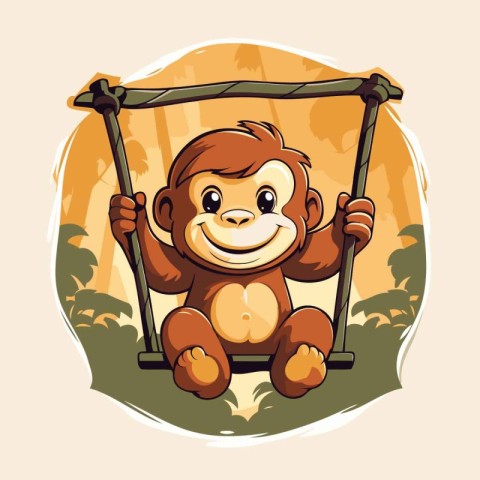 Monkey on a swing in the jungle. Vector illustration in cartoon