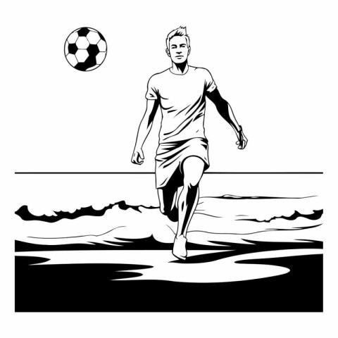 Soccer player with ball on beach. Black and white vector illustr