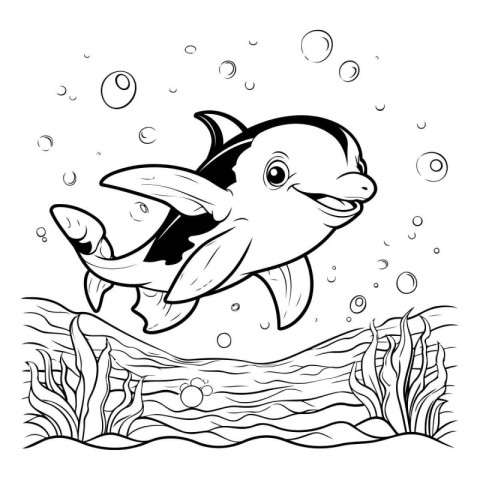 Coloring book for children: Dolphin in the sea. Vector illustrat