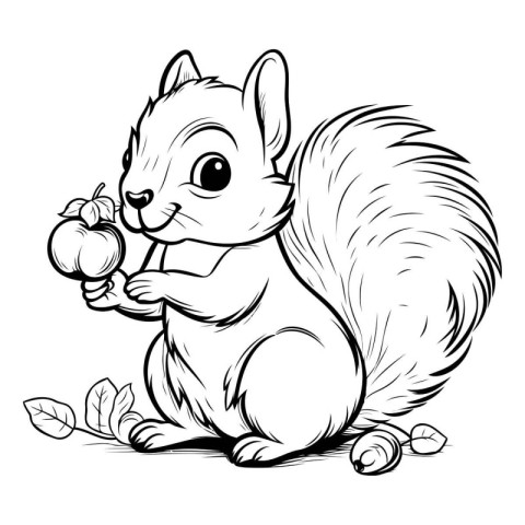 Black and White Cartoon Illustration of Squirrel Eating an Apple