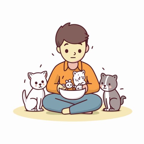 Vector illustration of a boy feeding his cats. Cute cartoon char