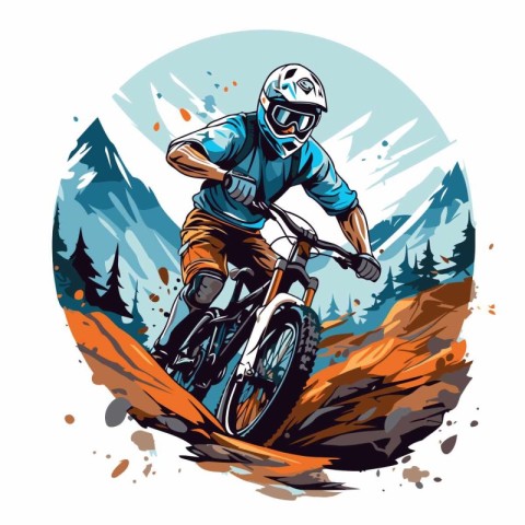 Mountain bike rider on the road in the mountains. Vector illustr