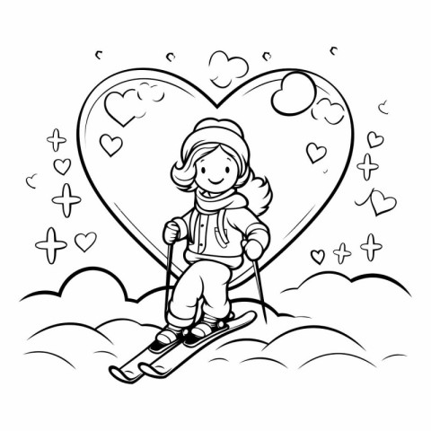 Coloring Page Outline Of a Little Girl Skier Skiing