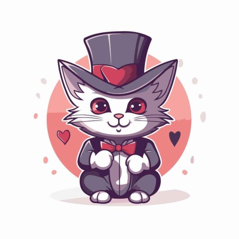 Cute cartoon cat with bow tie and top hat. Vector illustration.