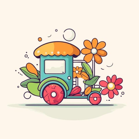 Cute cartoon vector illustration of a retro toy train with flowe