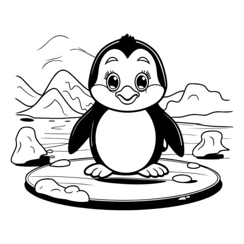 Black and White Cartoon Illustration of Cute Penguin Animal Char