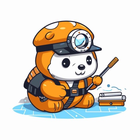 Polar bear in a helmet and with a flashlight. Vector illustratio