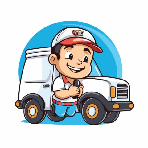 Cute cartoon delivery boy with truck. Vector illustration isolat