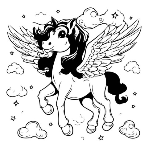 Black and White Cartoon Illustration of Flying Unicorn with Wing