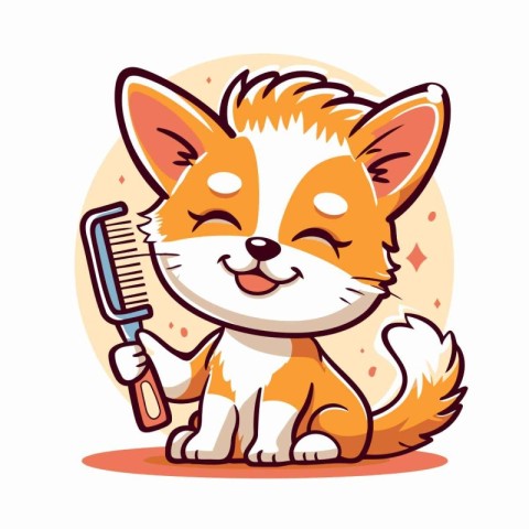 Cute cartoon corgi puppy with comb and comb. Vector illustration