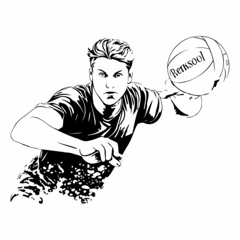 Volleyball player with ball. Black and white vector illustration