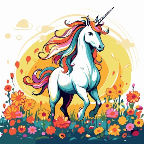 Unicorn in the meadow with flowers. Vector illustration.