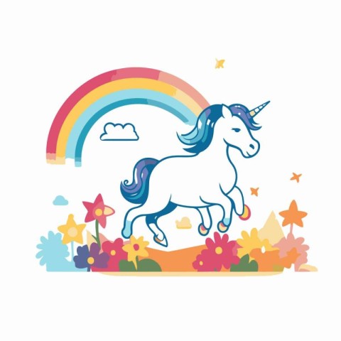 Unicorn with rainbow and flowers. Vector illustration in flat st