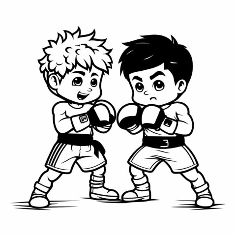 Two Boys Boxing - Black and White Cartoon Mascot Illustration