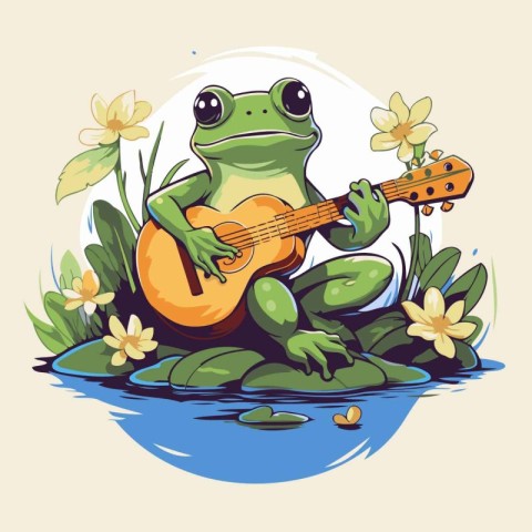 Frog playing guitar on a pond with flowers. Vector illustration.