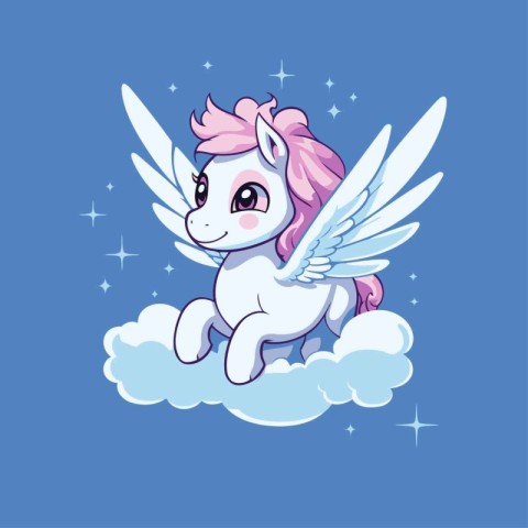 Cute cartoon unicorn with wings on the cloud. Vector illustratio