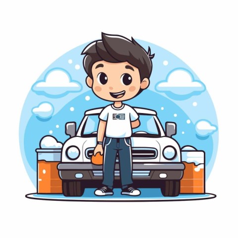 Cute boy with car and beer. Vector illustration in cartoon style