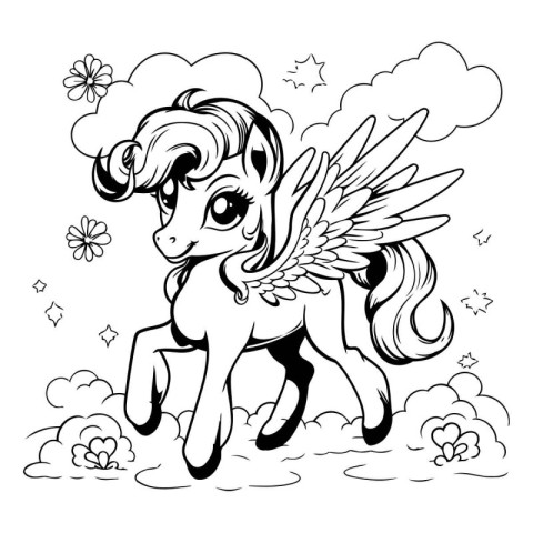 Black and White Cartoon Illustration of Fantasy Horse with Wings