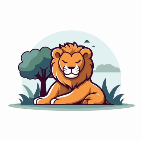 Lion sitting on the grass. Vector illustration in cartoon style.