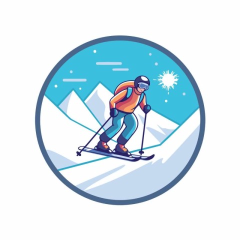 Skier in the mountains. Vector illustration in a flat style.