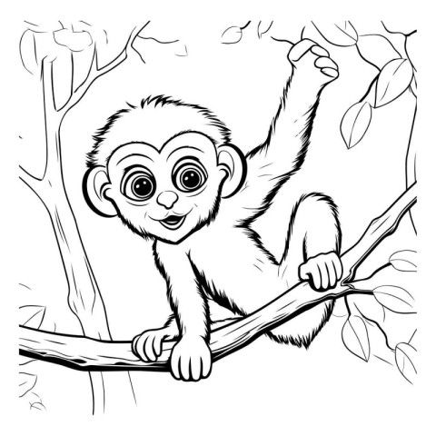 Monkey sitting on a branch. Monochrome vector illustration.