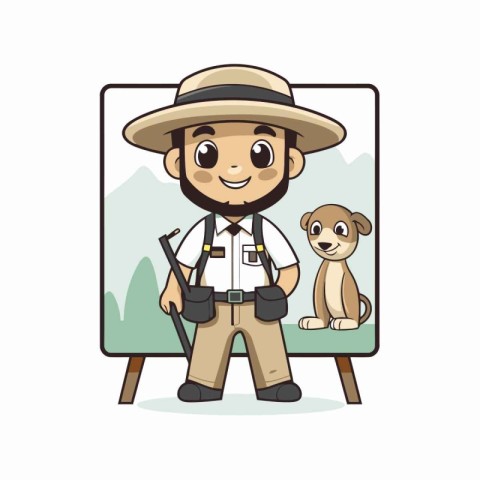 Cute boy in safari outfit with dog on easel vector illustration