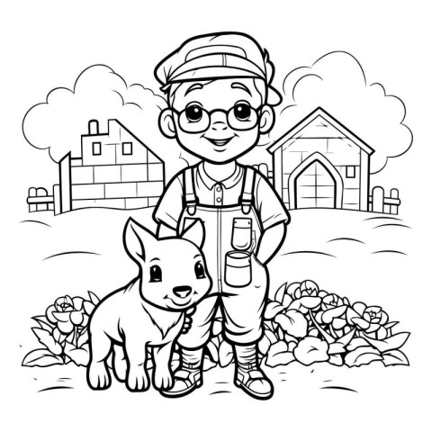 Boy with dog in the garden. Coloring book for children.