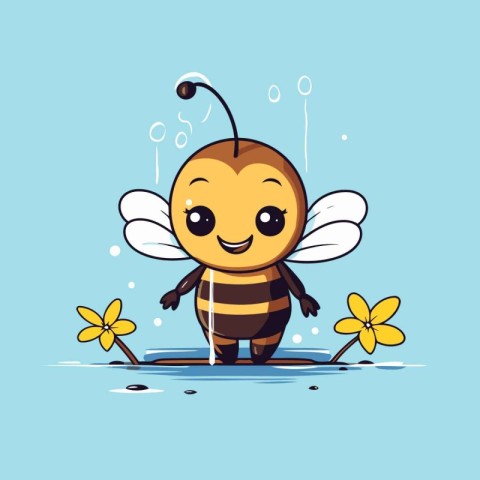 Cute cartoon bee with flower on blue background. Vector illustra