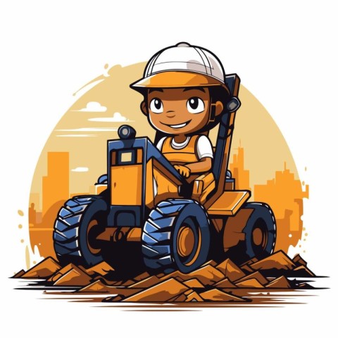 Vector illustration of a cute little boy driving a tractor on a